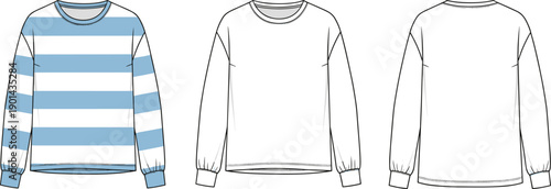 Long sleeve crew neck t-shirt with striped and solid variations technical fashion flat sketch template front back view cad drawing flat vector illustration