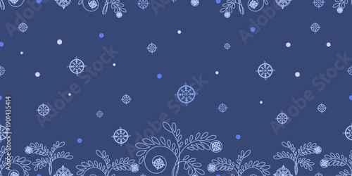 Winter decorative background. Vintage vector ornament with botanical elements and snowflakes 