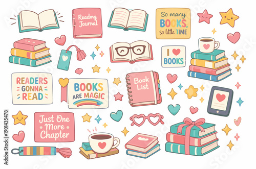 Cute hand drawn book lover sticker set with reading quotes books hearts and stars in kawaii style