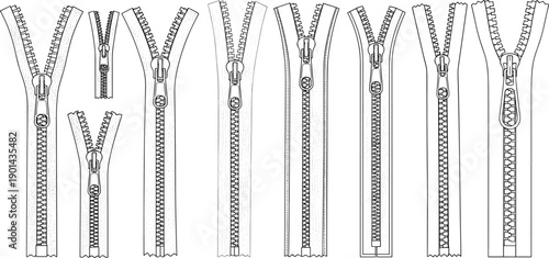Set of zipper hardware types technical fashion flat sketch template clothing fastener accessories cad drawing flat vector illustration mockup element