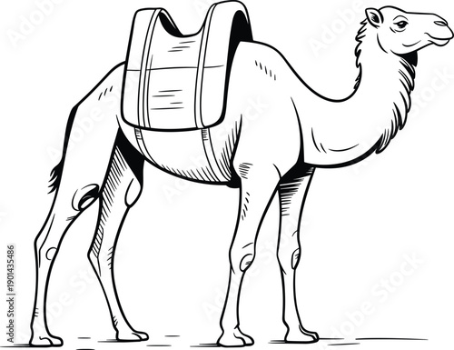Hand-drawn camel illustration, desert animal drawing, one-hump camel, dromedary sketch, black and white vector art, saddle on camel, wildlife drawing, desert transport, animal line art