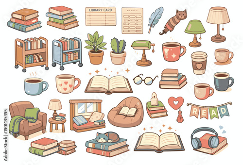 Cozy library interior elements set with books cats coffee and comfortable furniture in hand drawn style