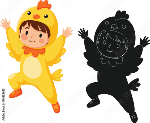 Cartoon child in chicken costume illustration featuring joyful pose, wings, beak headpiece, and playful design for kids, education, costume party, animal theme, and creative projects