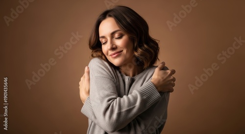 Woman embracing herself with gentle smile and closed eyes