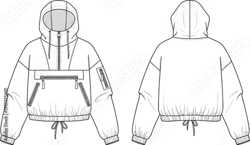 Half zip hooded anorak jacket with front pocket technical fashion flat sketch template front back view cad drawing flat vector illustration