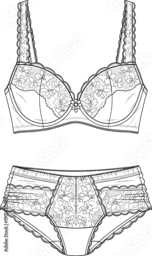 Intimate floral lace bra and panty set technical fashion flat sketch template front view lingerie cad drawing flat vector illustration