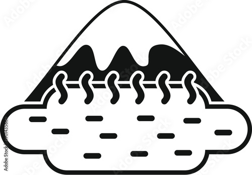 Hot spring water with steam flowing from a pool in front of a mountain icon