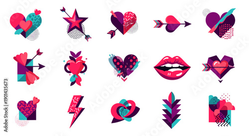 Collection of colorful romantic and lovethemed icons and symbols