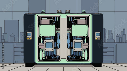 Futuristic industrial machine with dual engines and advanced technology in a laboratory setting