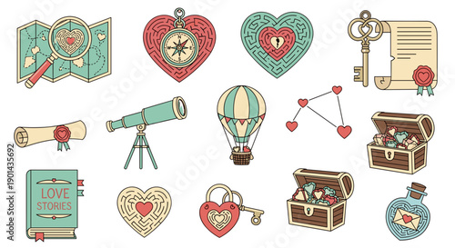 Collection of romantic love symbols and vintage treasures