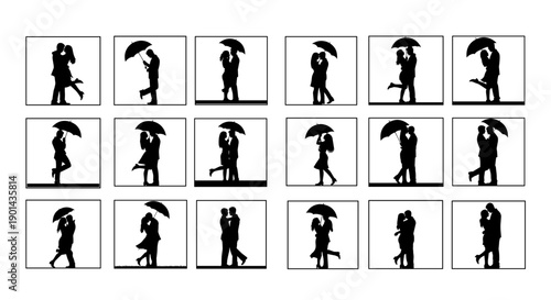 Collection of silhouettes of people holding umbrellas in various poses