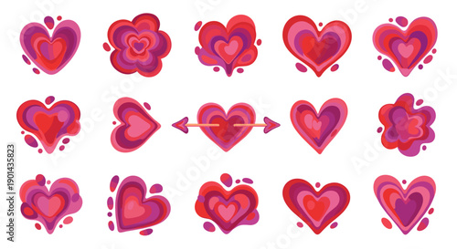 Collection of various pink and red hearts with different designs and styles