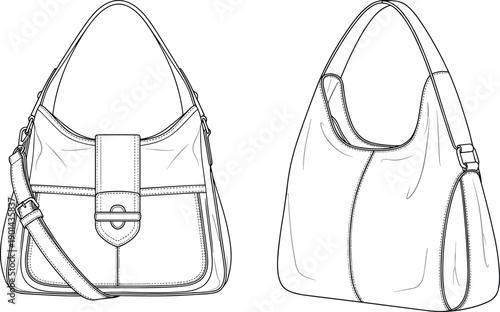 Leather hobo bag technical fashion flat sketch template front and side view handbag cad drawing flat vector illustration accessory mockup