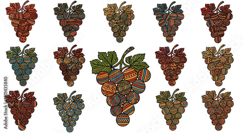 Collection of colorful grape clusters arranged in a pattern