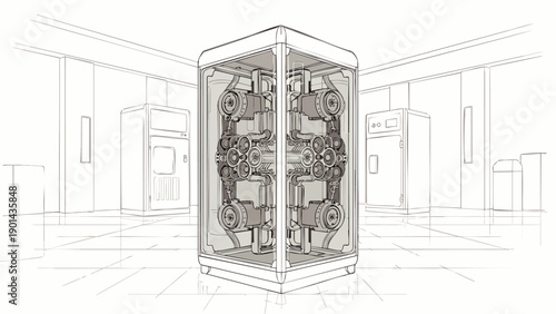Futuristic AI computing server concept illustration, intricate mechanical design within a transparent housing in a data center sketch.
