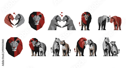 Collection of elephants and humans interacting in various poses