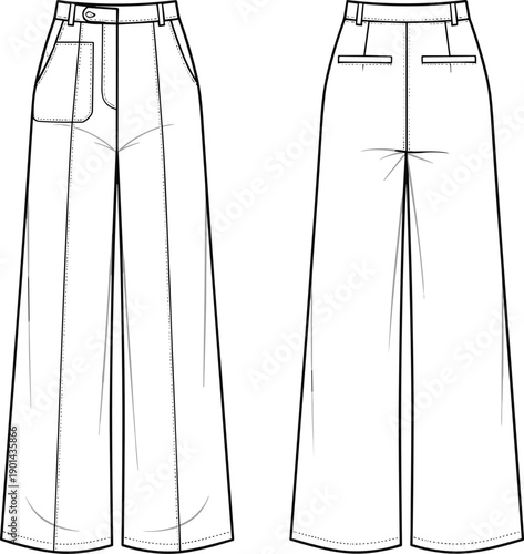 High waisted wide leg trousers technical fashion flat sketch template front and back view pants cad drawing flat vector illustration