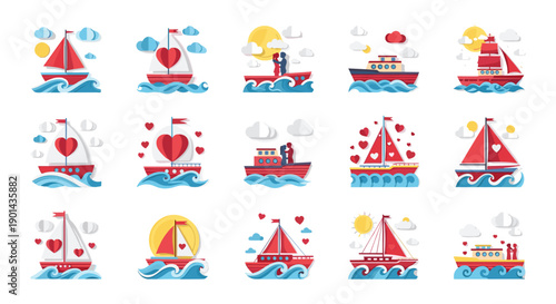 Collection of colorful sailing boats and ships water with sun