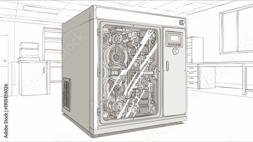 Scientific laboratory equipment illustration: complex bioreactor machine with visible internal components in a modern cleanroom setting, perfect for R&D concepts.