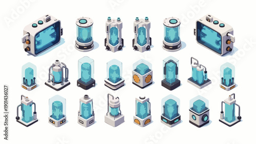 Isometric set of futuristic science fiction capsules, containers, and cryo tanks. Lab research, data storage, medical experiments, modern technology vector.
