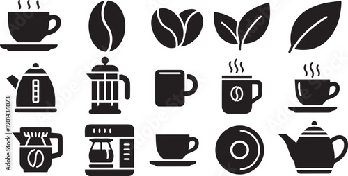 Coffee and Tea Break Icon Set - Beverage Shop and Brewing Equipment Symbols