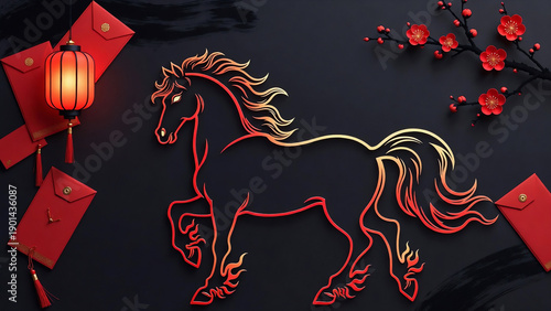 Vibrant Chinese New Year horse illustration with red envelopes and lantern