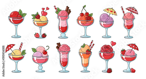 Collection of colorful summer cocktails with fruits and umbrellas