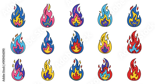 Collection of colorful flame icons in various shapes and sizes