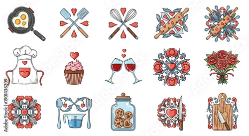 Set of festive holiday icons including gifts, decorations, and drinks