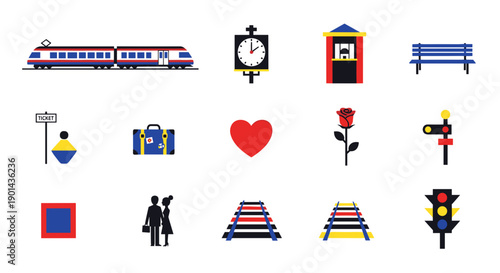 Collection of various icons including train clock park bench heart and traffic light