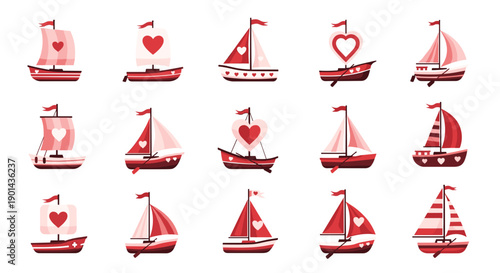 Collection of cute red sailboats with hearts and flags