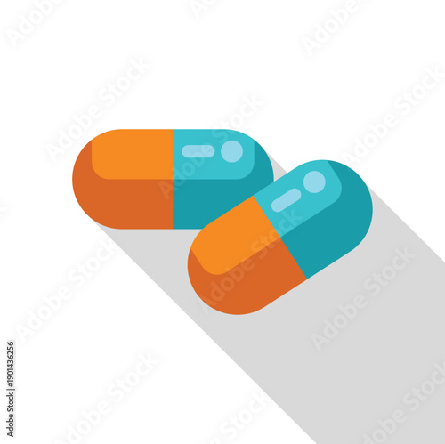Two bicolored capsules with shadows representing medicine, pharmacy, and healthcare concepts