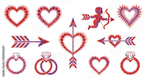 Collection of pink and red love symbols and hearts with arrows