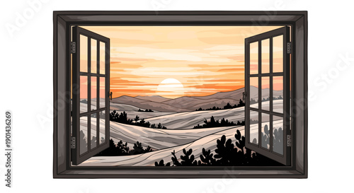 Open window overlooking snowy landscape with mountains and sunset