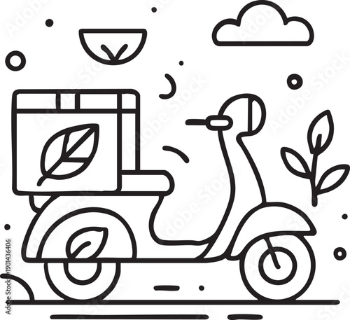 Hand drawn graphic of a delivery scooter with a leaf symbol for ecofriendly transportation services