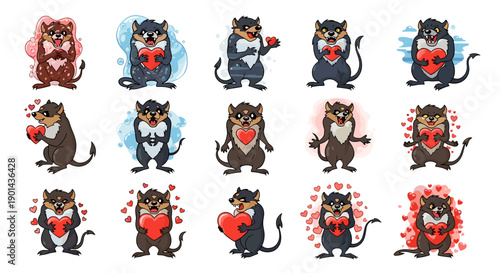Collection of cute cartoon husky dogs with hearts and flowers