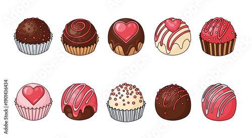 Collection of colorful decorated cupcakes with various toppings and designs