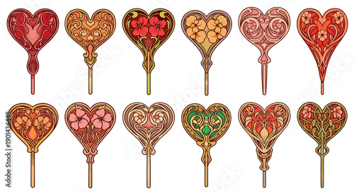 Collection of colorful heartshaped lollipops with intricate patterns