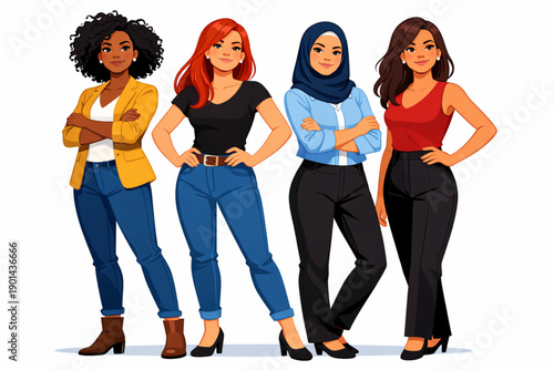 Diverse group of four women standing confidently with arms crossed and hands on hips