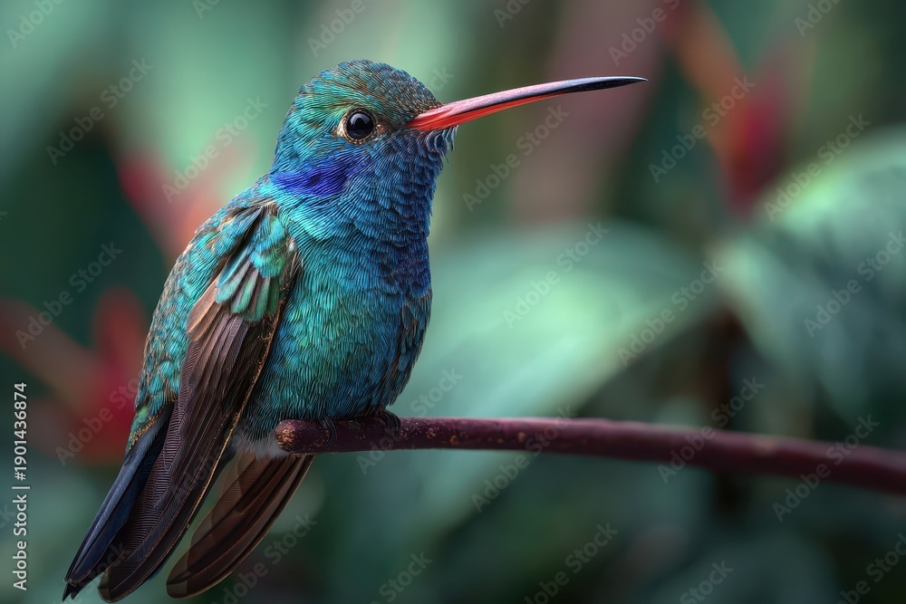 Fototapeta premium Broad billed hummingbird perched on a branch showcasing iridescent feathers against a lush blurred background