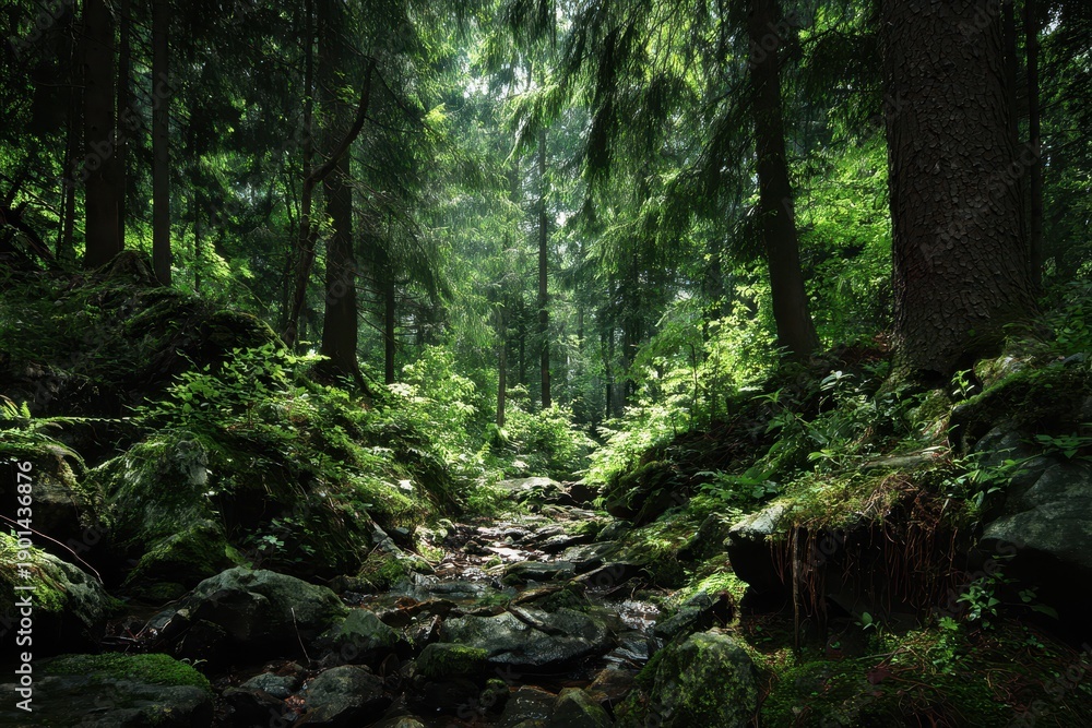 Fototapeta premium Sunlight filtering through a dense green forest in a tranquil, natural environment filled with vibrant foliage and a winding rocky stream