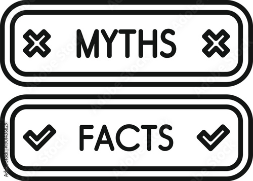 Outline icon comparing myths with wrong signs and facts with checkmarks