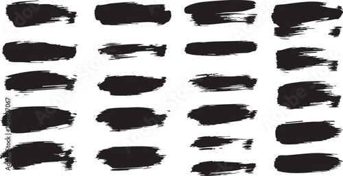 Set of vector paint brush stroke, ink splash and grungy decoration elements. Freehand grunge brush illustration. Black watercolor splatter, texture, frame and abstract background