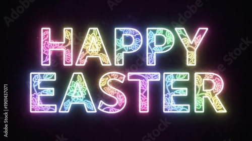 Vibrant Neon Happy Easter Greeting on Black Background