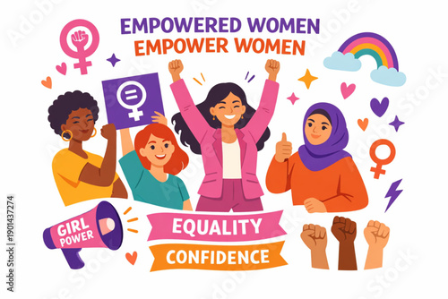 Diverse women celebrate girl power, equality, and empowerment with raised fists and signs