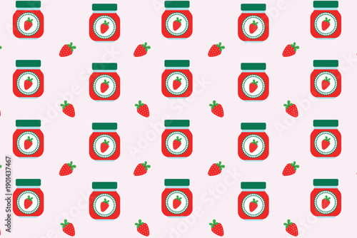 Seamless vector pattern with strawberry jam and strawberries.