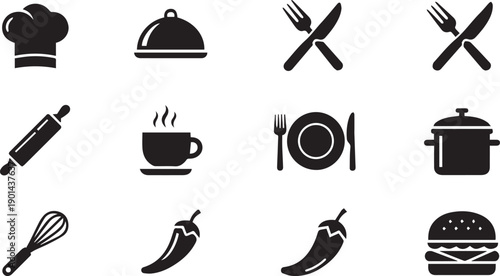 Professional Cooking and Restaurant Icon Set - Chef Hat Kitchen Tools and Food Symbols