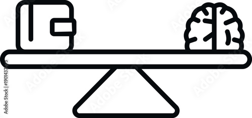 Brain and wallet balancing on a seesaw showing the concept of value and priority