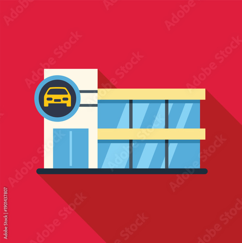 Modern building with car icon representing dealership, rental or sharing services