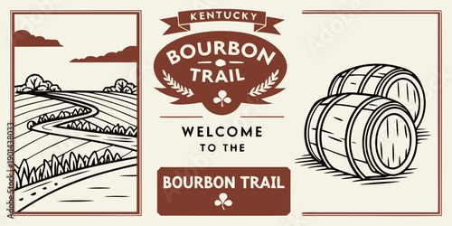 Kentucky Bourbon Trail Art: Vintage Scenic Landscape, Welcome Badge & Bourbon Barrel Illustration in Classic Distillery Style, U.S, USA, US, United States
